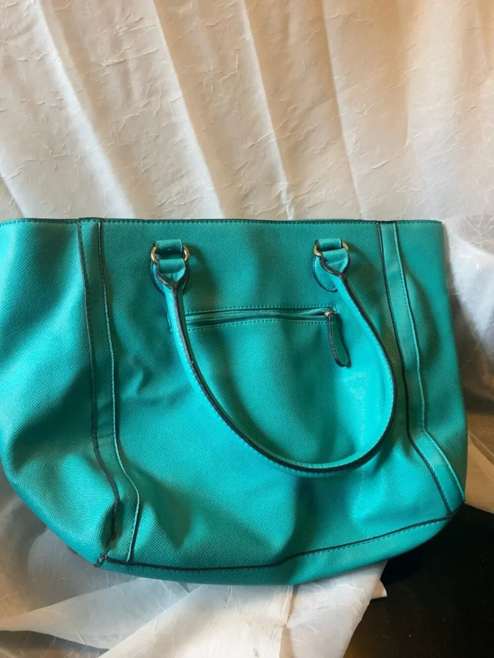 Turquoise Large Tote Shoulder Bag | Faux Leather Work Purse with Front Pocket